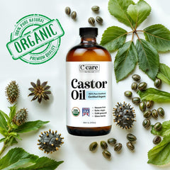 C CARE Castor Oil amber glass close-up highlighting purity and golden texture for skin nourishment.