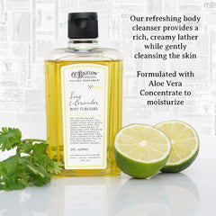 C.O. Bigelow Lime Coriander Body Wash foam showing rich lather for cleansing.