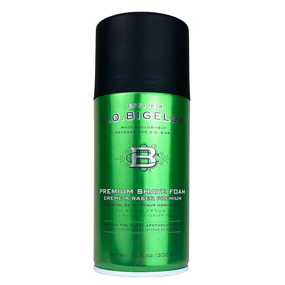 C.O. Bigelow shaving foam canister closeup shows rich foam for a smooth razor glide.