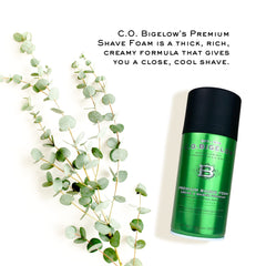 C.O. Bigelow shaving foam with razor illustrates effortless glide and reduced tug.