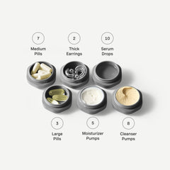 Cadence capsule with magnetic labels swapped between sizes demonstrating flexible organization during travel.