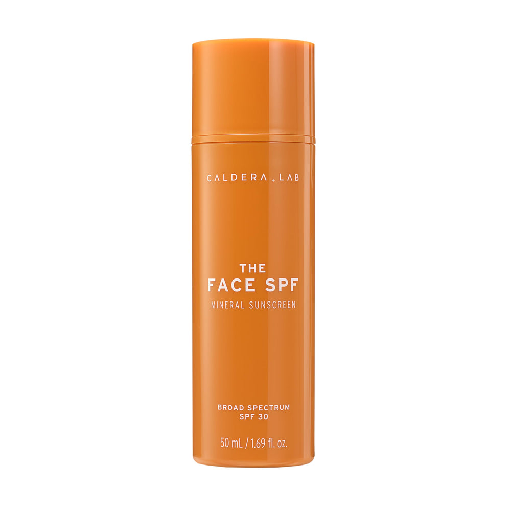 Caldera + Lab The Face SPF bottle closeup shows no white cast and lightweight sunscreen.