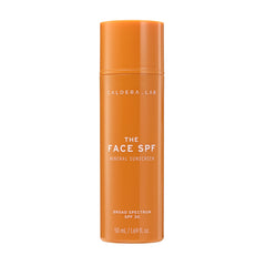 Caldera + Lab The Face SPF bottle closeup shows no white cast and lightweight sunscreen.