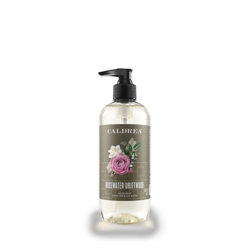 Caldrea Rosewater Driftwood bottle front, fragrant hand soap for refreshing cleansing.