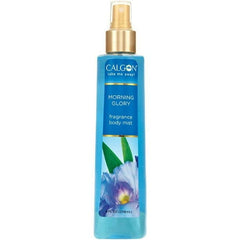 Calgon Morning Glory mist spray captured mid-application for a light, uplifting fragrance.