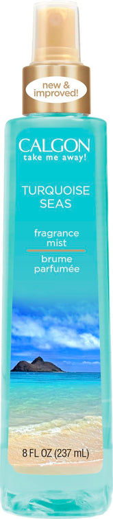 Calgon Turquoise Seas body mist bottle front with refreshing coastal scent for quick refresh