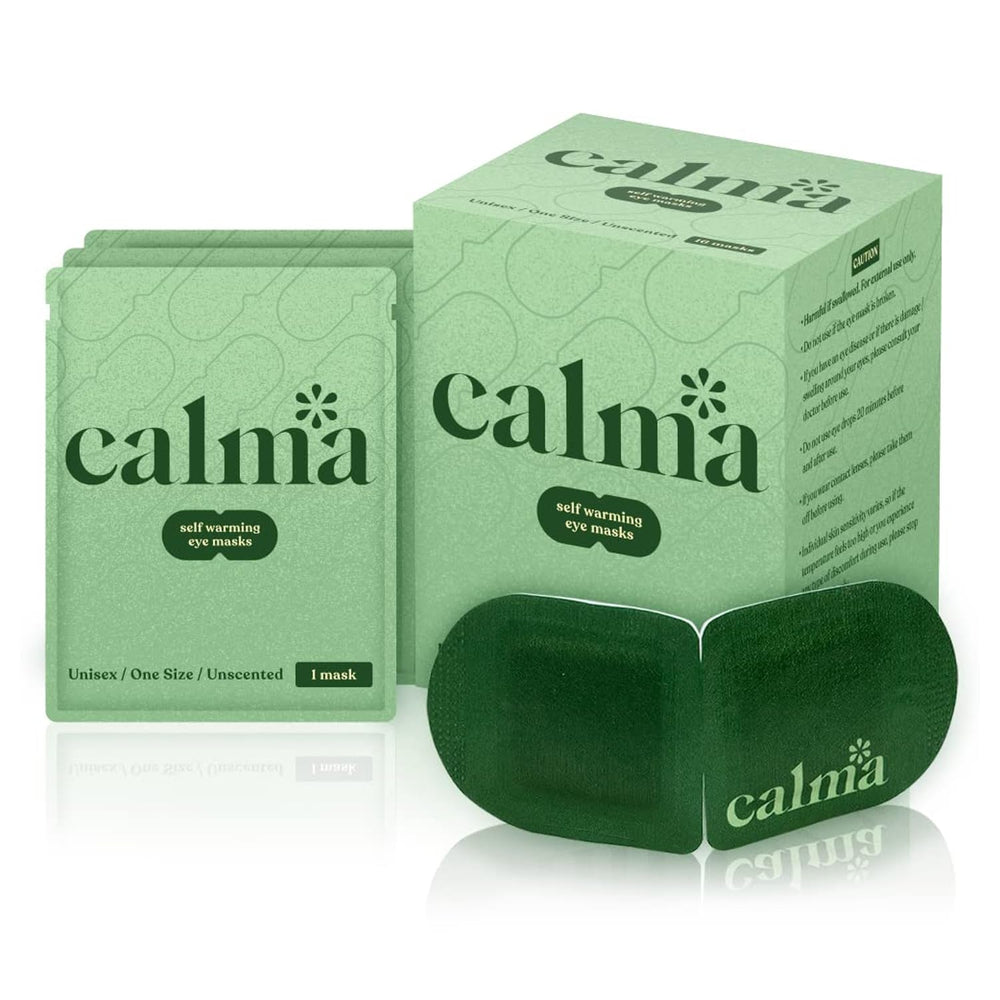 Calma 16-pack heated eye mask packaging close-up showing unscented design and premium materials.