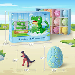 CalmNFiz bath bombs show floating dinosaur toy during water play.
