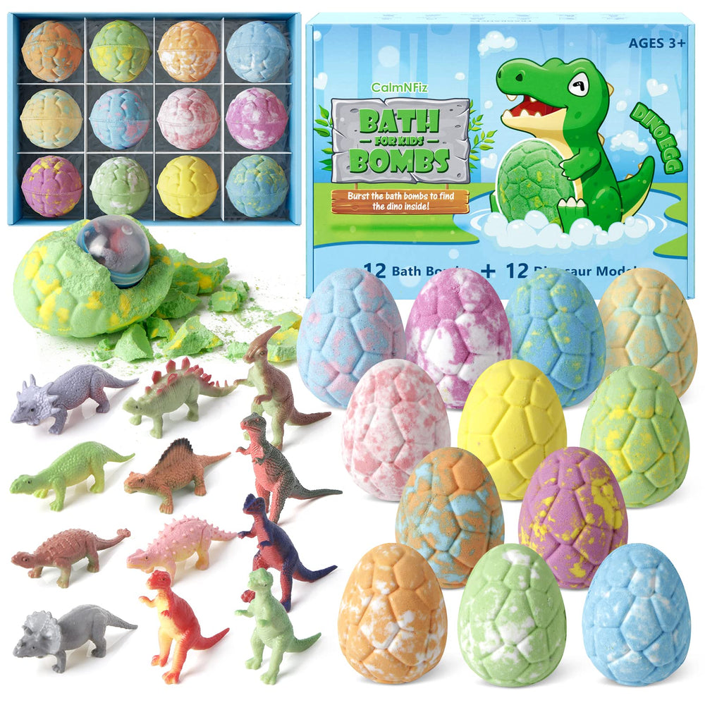 CalmNFiz bath bombs 12-pack with surprise dinosaur eggs for kids' bath time.