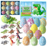 CalmNFiz bath bombs 12-pack with surprise dinosaur eggs for kids' bath time.