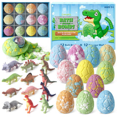 CalmNFiz bath bombs 12-pack with surprise dinosaur eggs for kids' bath time.