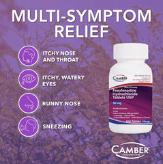 Camber Pharmaceuticals fexofenadine tablets blister pack showing non-drowsy allergy relief.