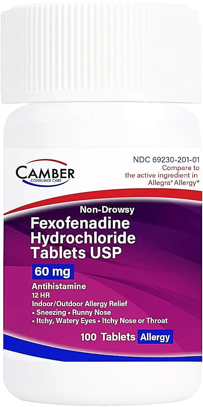 Camber Pharmaceuticals fexofenadine tablets bottle for 12-hour allergy relief.