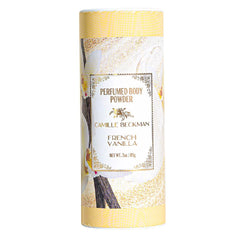 Camille Beckman French Vanilla body powder bottle shows talc-free formula for everyday softness.