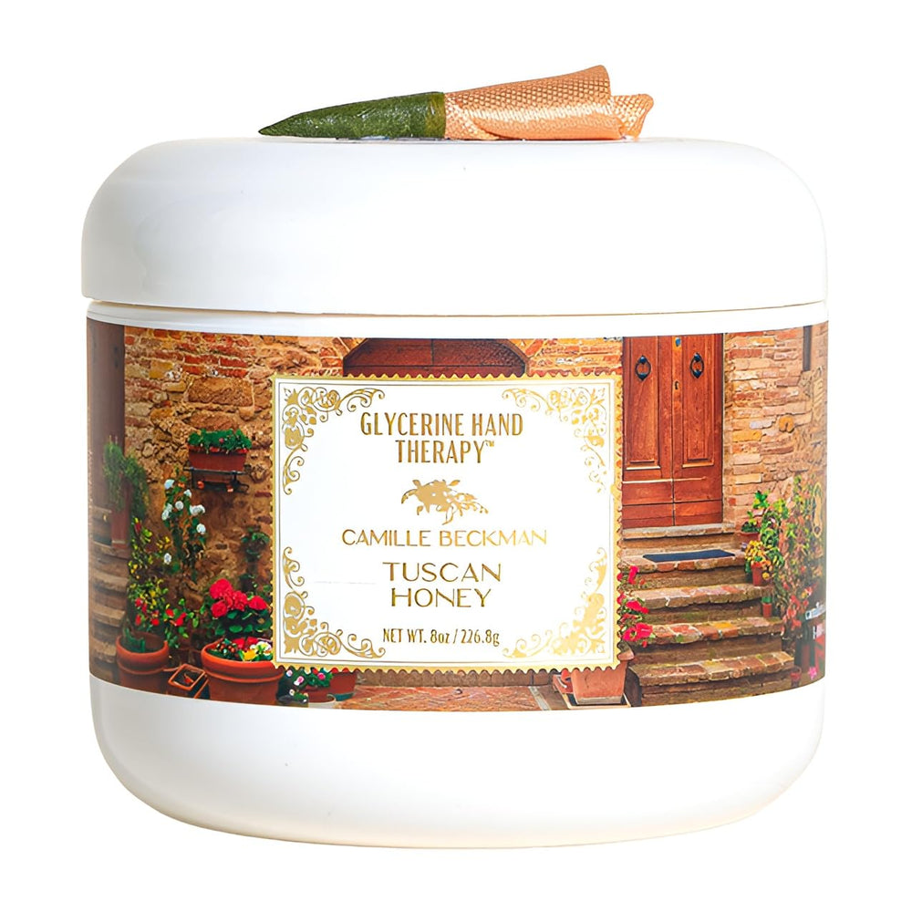 Camille Beckman glycerine hand therapy cream bottle pour shows immediate hydration for dry hands