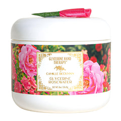 Camille Beckman glycerine hand therapy rosewater bottle offers daily moisturizing.