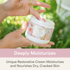 Camille Beckman hand therapy cream applied to palms for smooth, moisturized skin