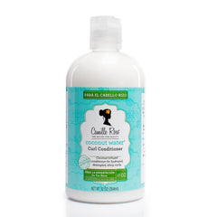 Camille Rose coconut water curl conditioner bottle close-up showing hydrating formula for curls