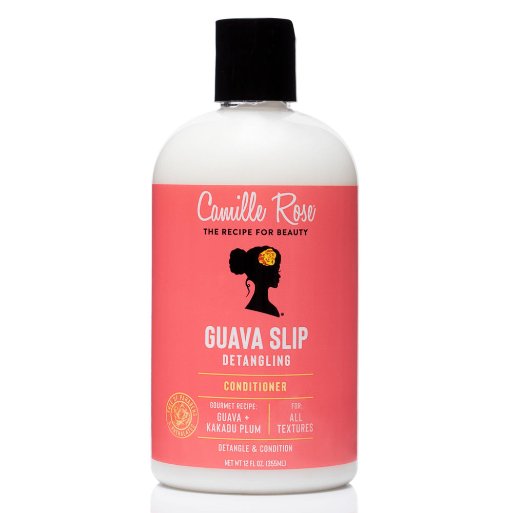 Camille Rose Guava Slip detangling bottle facilitates smoother detangling for all hair textures.