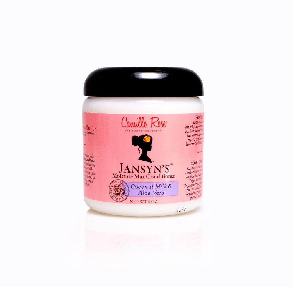 Camille Rose Jansyn's Moisture Max Conditioner bottle highlighting a hydrating frizz-control formula