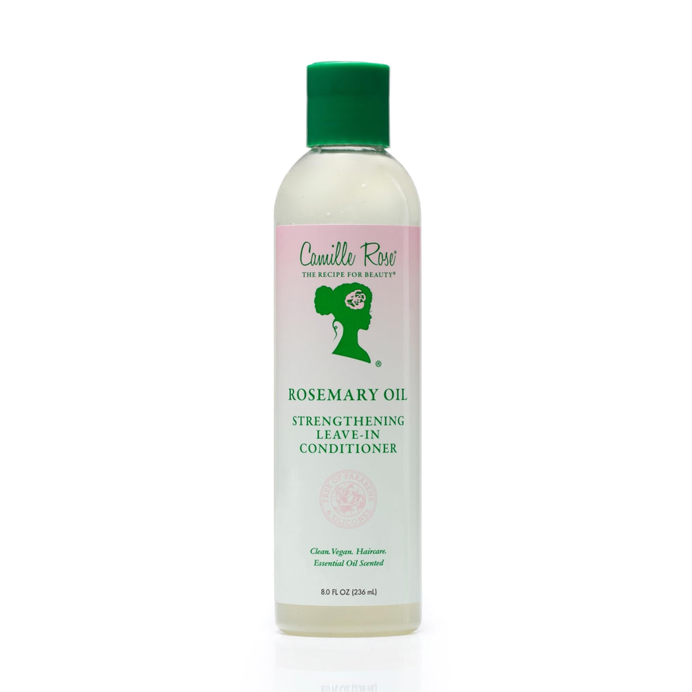Camille Rose Rosemary Oil Strengthening Leave-In Conditioner bottle promotes detangling and moisture.