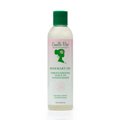 Camille Rose Rosemary Oil Strengthening Leave-In Conditioner bottle promotes detangling and moisture.