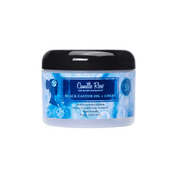 Camille Rose Vegan Black Castor Oil Chebe Deep Conditioner jar shows rich moisture for frizz control.