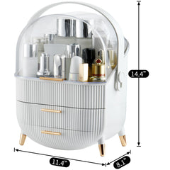 CANITORON makeup organizer drawers open, illustrating two pull-out drawers for categorized storage