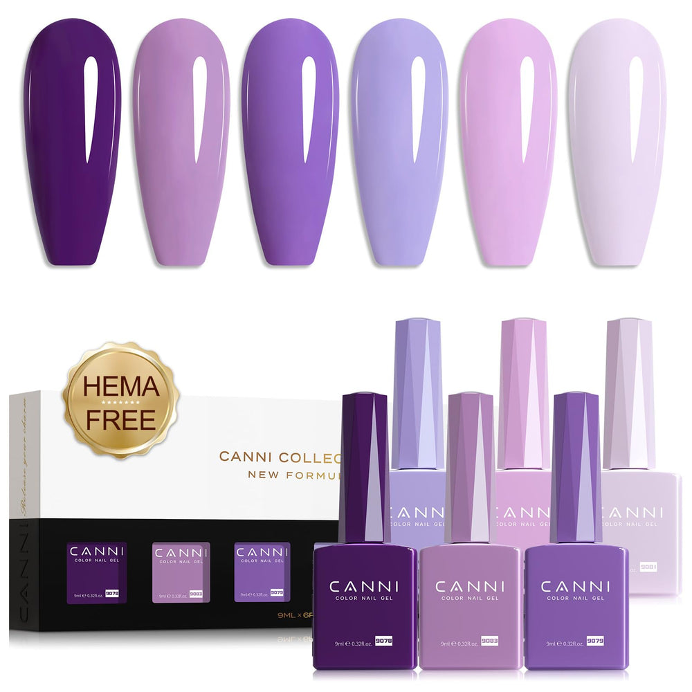 CANNI purple gel nail polish set with color-matched bottles for accurate color viewing