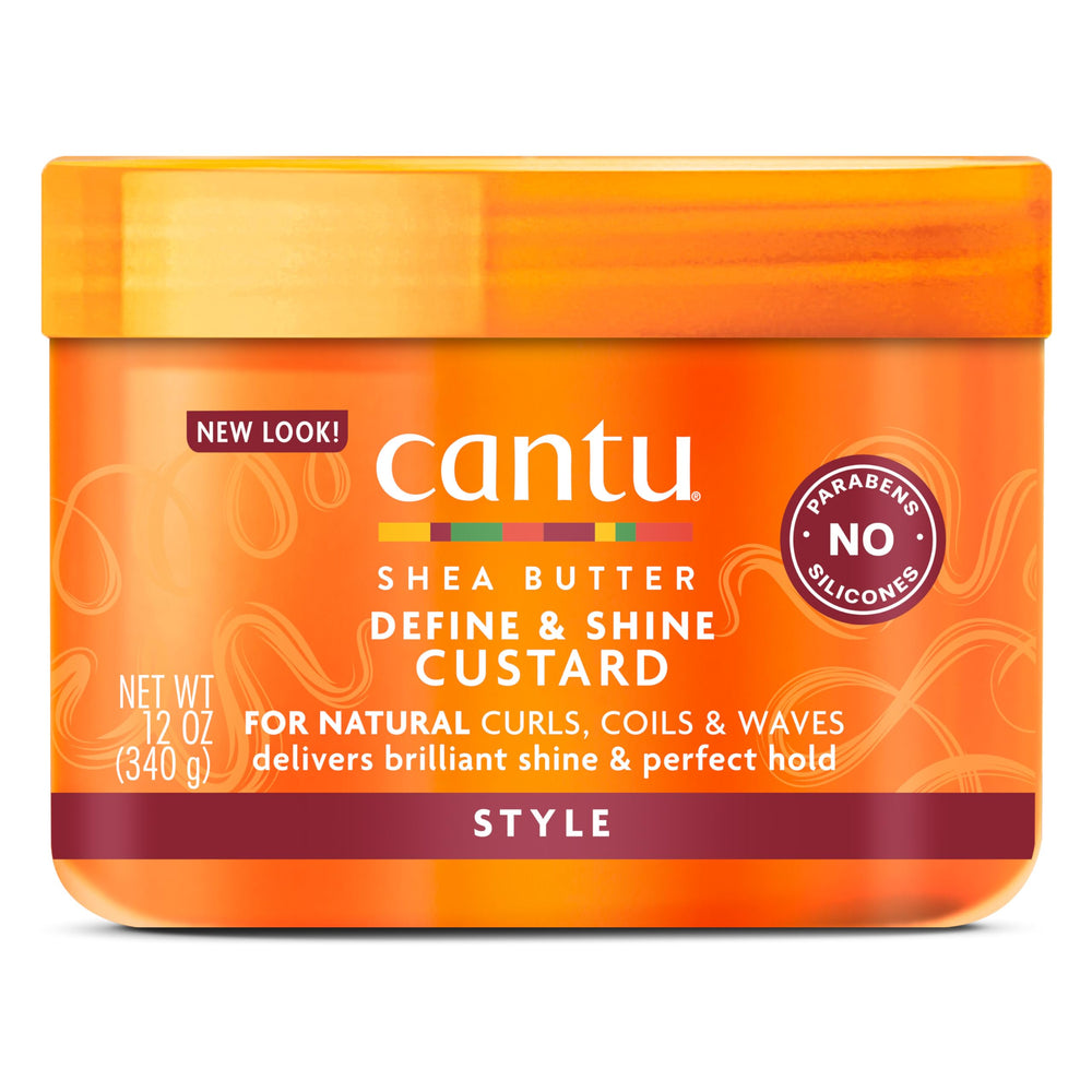 Cantu Shea Butter Define & Shine Custard 12oz bottle showing packaging and brand name for durable curl hold.