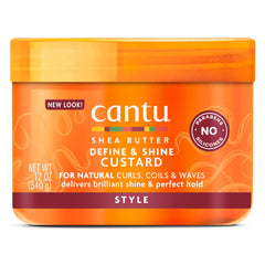Cantu Shea Butter Define & Shine Custard 12oz bottle showing packaging and brand name for durable curl hold.