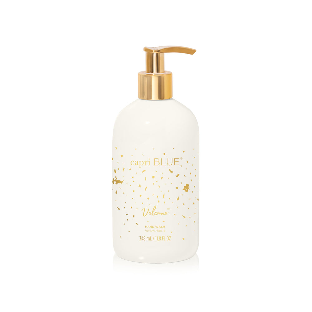Capri Blue Volcano hand wash bottle with gold detailing enhances premium kitchen or bathroom decor.