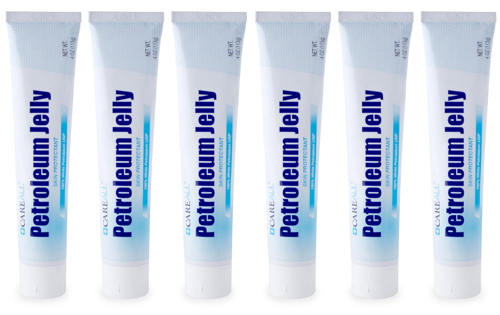 CareALL petroleum jelly 6-pack tubes, front view, fragrance-free moisture for skin.