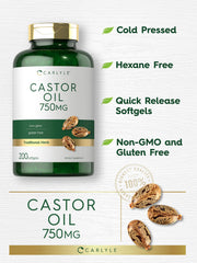 Carlyle Castor Oil ingredients label highlights non-GMO and gluten-free formulation for sensitive diets.