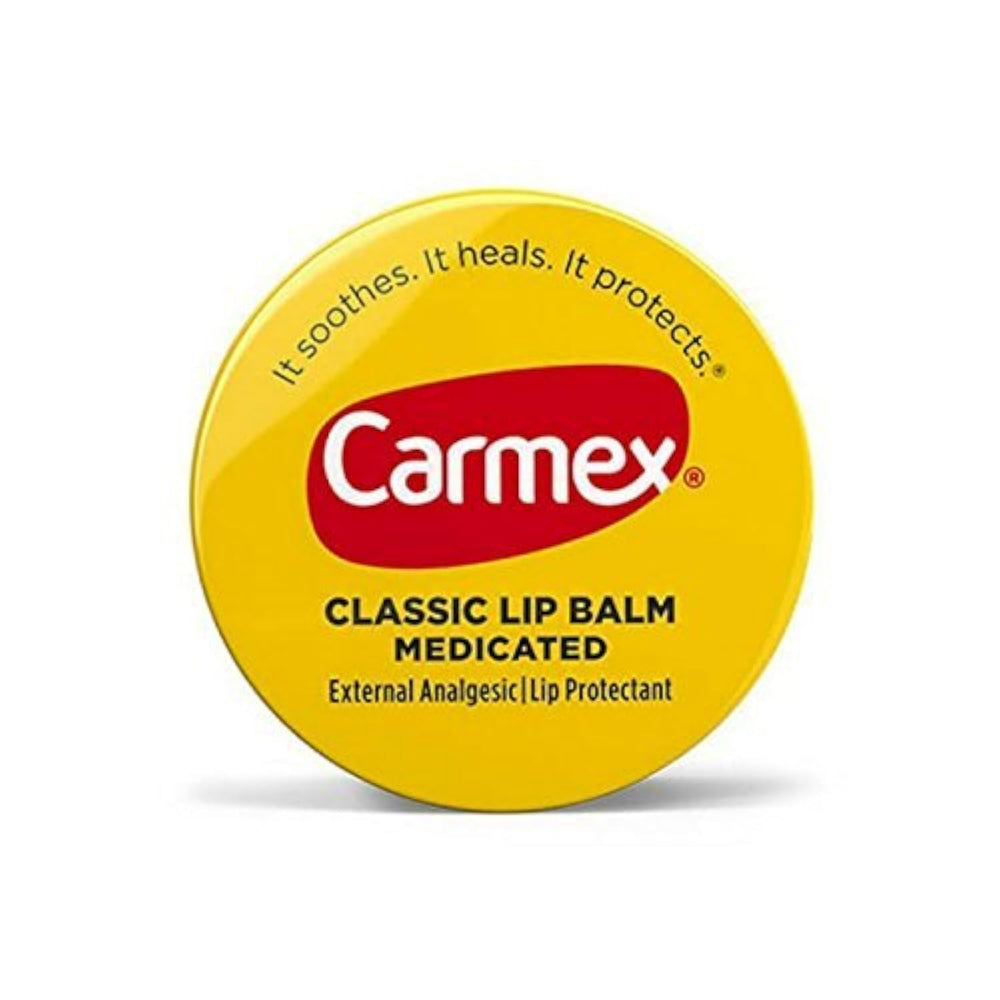 Carmex Classic Lip Balm Medicated 0.25 oz pack showing lip application and soothing protection.