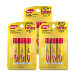Carmex Classic Medicated Lip Balm Stick 3-pack display for daily lip care.
