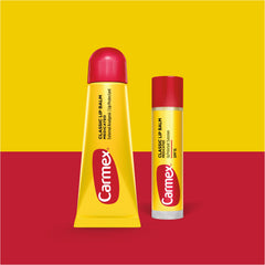 Carmex lip balm stick with sunscreen image shows SPF 15 protection outdoors.