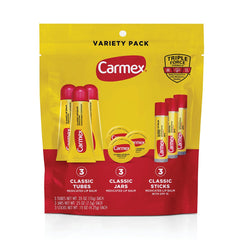 Carmex Classic Medicated Lip Balm tube front view for quick lip moisture.