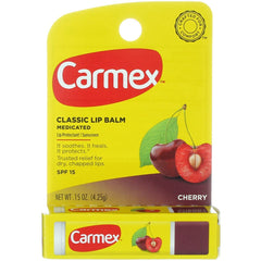 Carmex Cherry lip balm being applied for smooth moisture