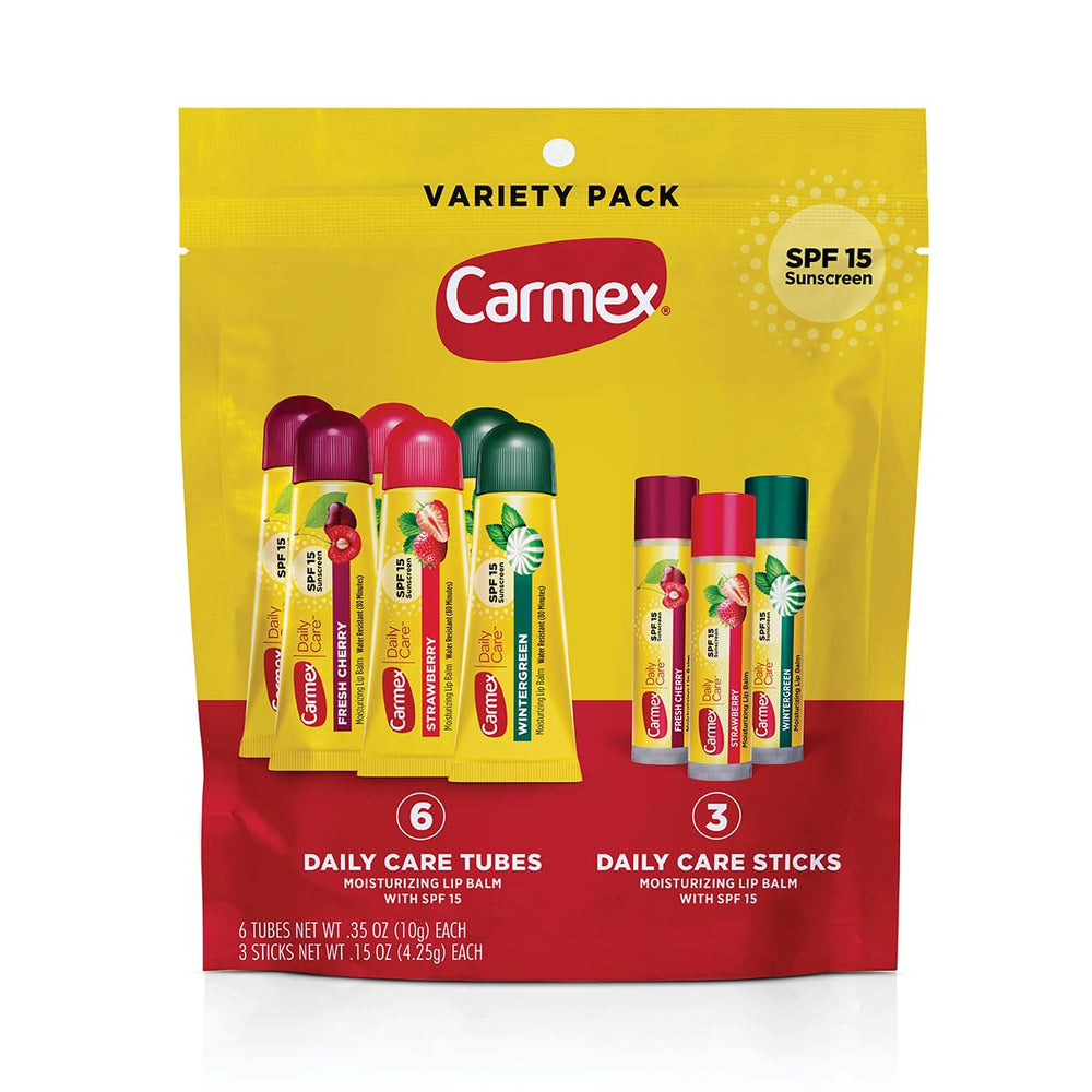 Carmex Daily Care SPF 15 variety pack front view for daily lip protection and flavor choice