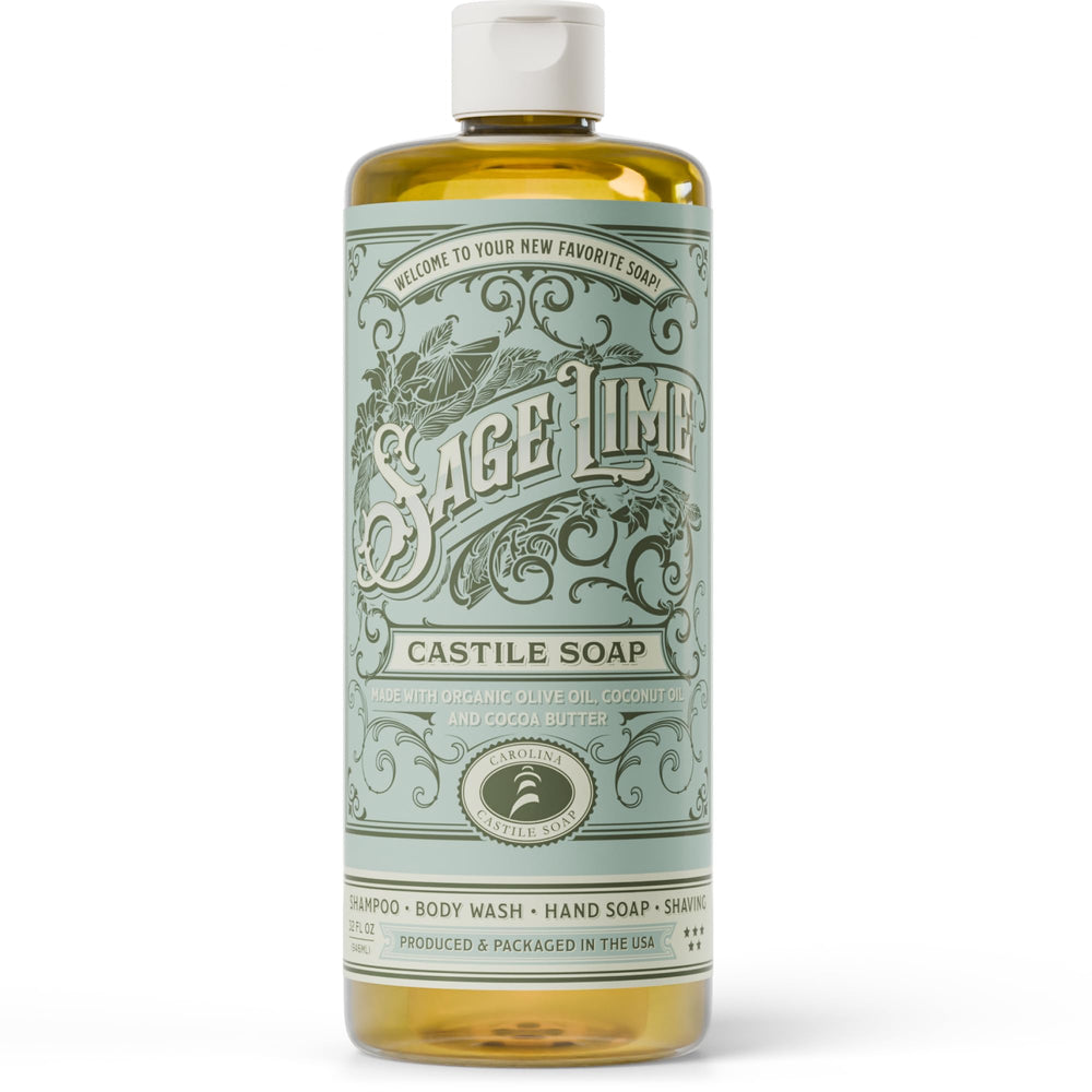 Carolina Castile Sage Lime bottle pour shows a refreshing body wash experience