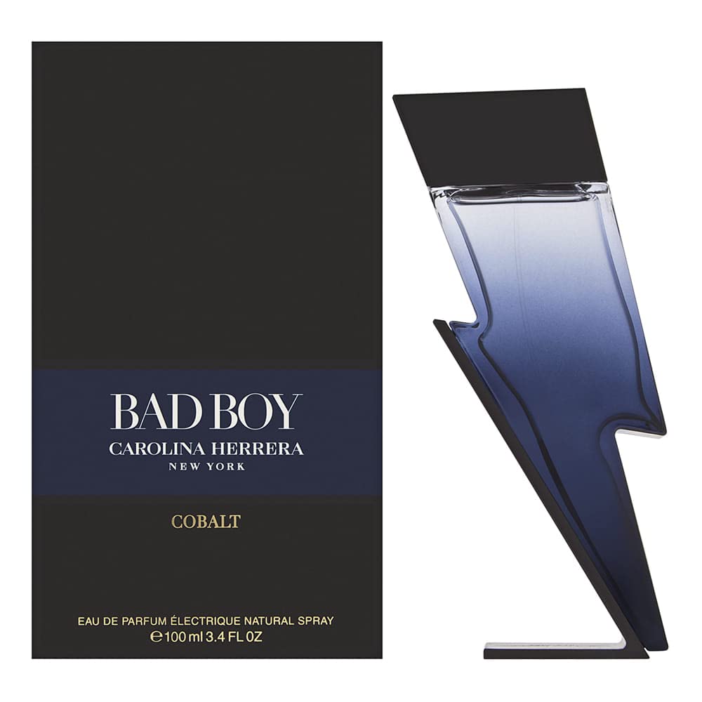 Carolina Herrera Bad Boy Cobalt bottle close-up for bold all-day confidence.