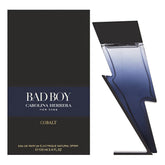 Carolina Herrera Bad Boy Cobalt bottle close-up for bold all-day confidence.