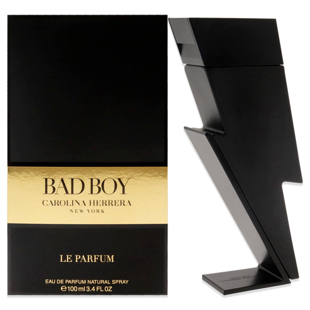 Carolina Herrera Bad Boy Le Parfum bottle front view highlighting bold leather notes.