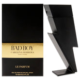 Carolina Herrera Bad Boy Le Parfum bottle front view highlighting bold leather notes.