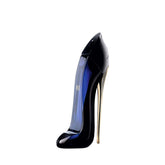 Carolina Herrera Good Girl bottle front view showcasing the bold black stiletto silhouette for confident wear.