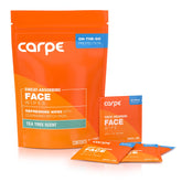 Carpe sweat absorbing face wipes packaging for on-the-go cleansing and oil control.