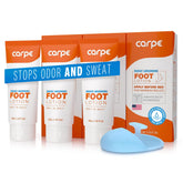 Carpe sweat-absorbing foot lotion tubes shown for dry feet and comfort