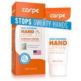 Carpe Sweat Absorbing Hand Lotion bottle front shows non-greasy, quick-drying formula.