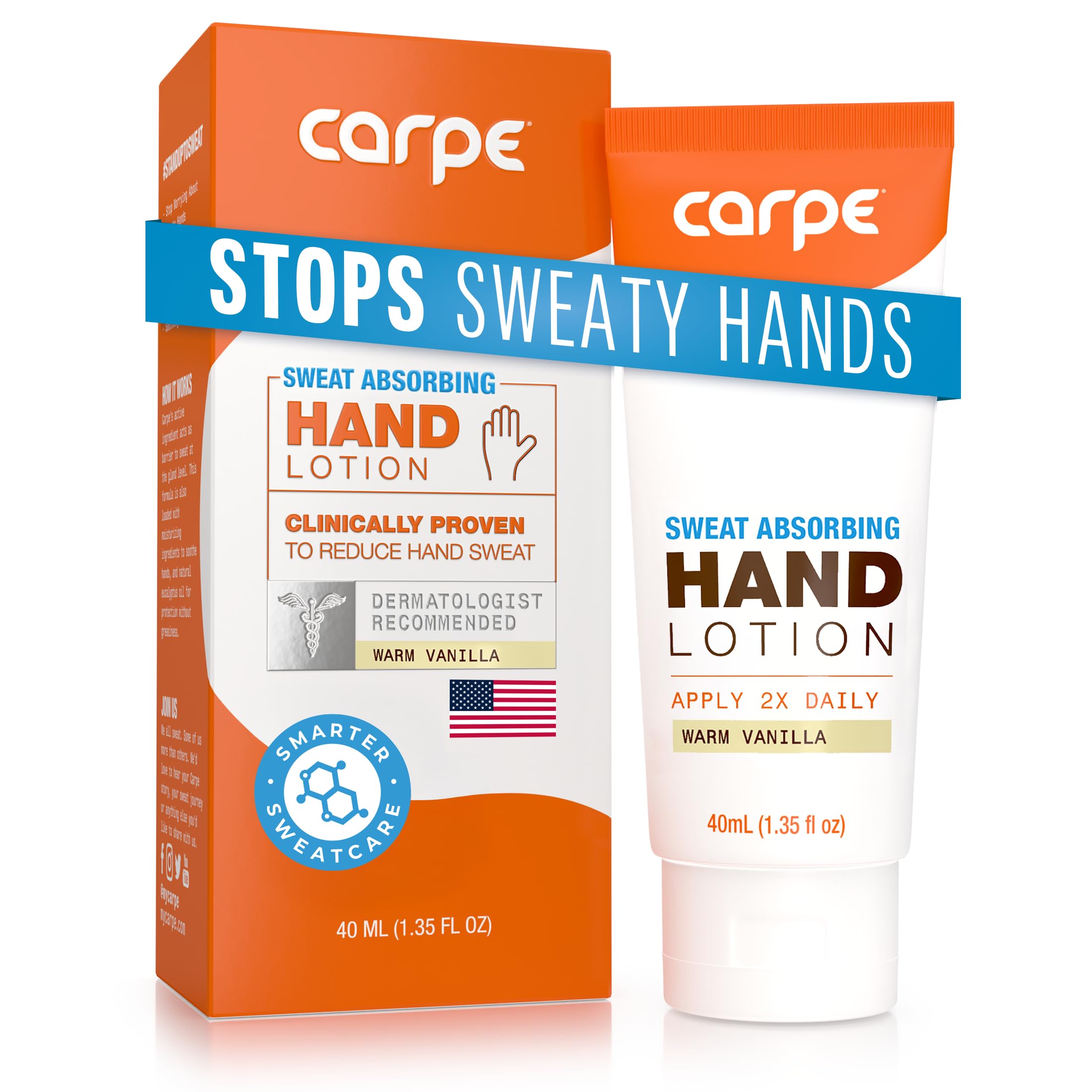 Carpe Sweat Absorbing Hand Lotion bottle side view for dry, comfortable hands